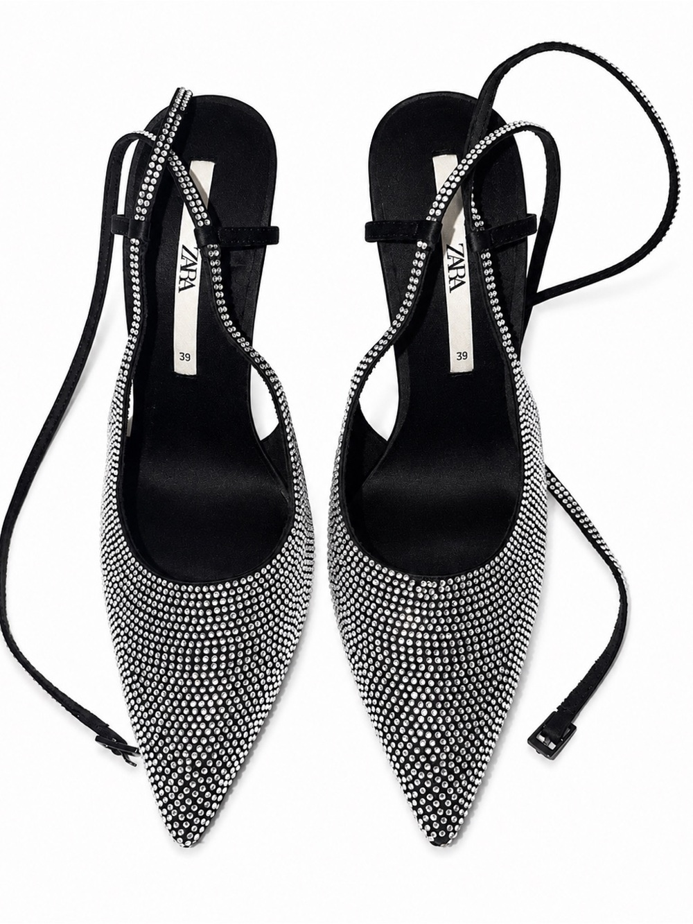 Zara Rhinestone Crystal Pointed Toe Lace Up Heels Black Silver Size 39 / US 8